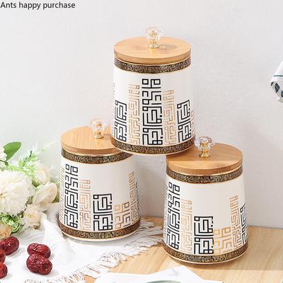 Ceramic Airtight Jar with Wooden Lid Storage Jar 3 Piece Set Tea Caddy Tea Box Storage Tank Spice Jars Seasoning Box Organizer