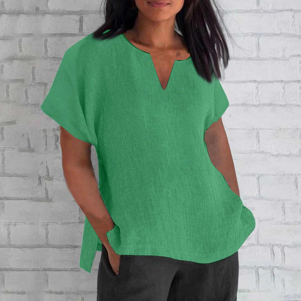 Dame Mote Kortermet V-hals Ensfarget Løs Casual Skjorte Bomullsbluse