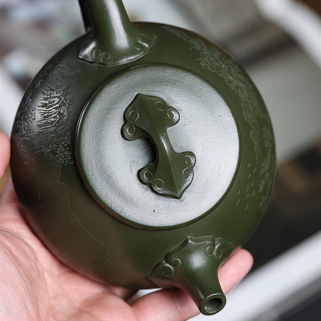 Yixing Original Mine Green Clay Handmade Carved Purple Clay Teapot Landscape Ruyi Stone Ladle Purple Sand Pot Chinese Teapot