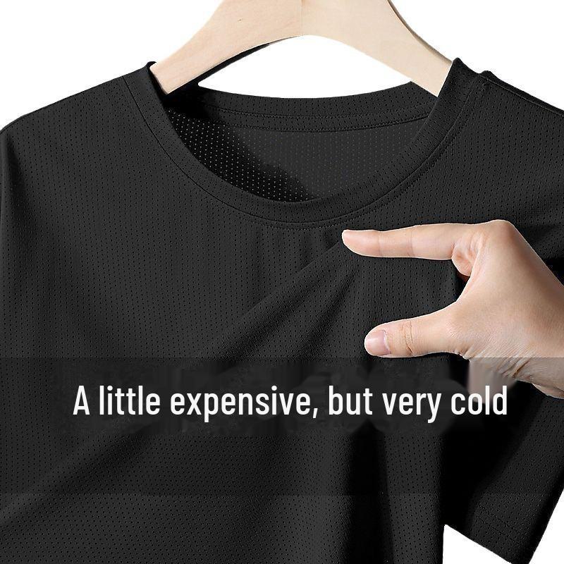 Men's Quick-Dry Gray Ice Silk Mesh Short-Sleeve T-Shirt, Breathable and Trendy Round Neck for Sports