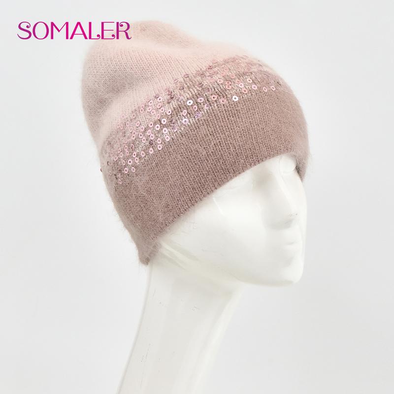 SOMALER Winter Hats for Women Warm Angora Wool Knitted Hat Fashion Sequin Beanie Hat Thick Long Rabbit Fur Hair  Skull Cap Bonnet