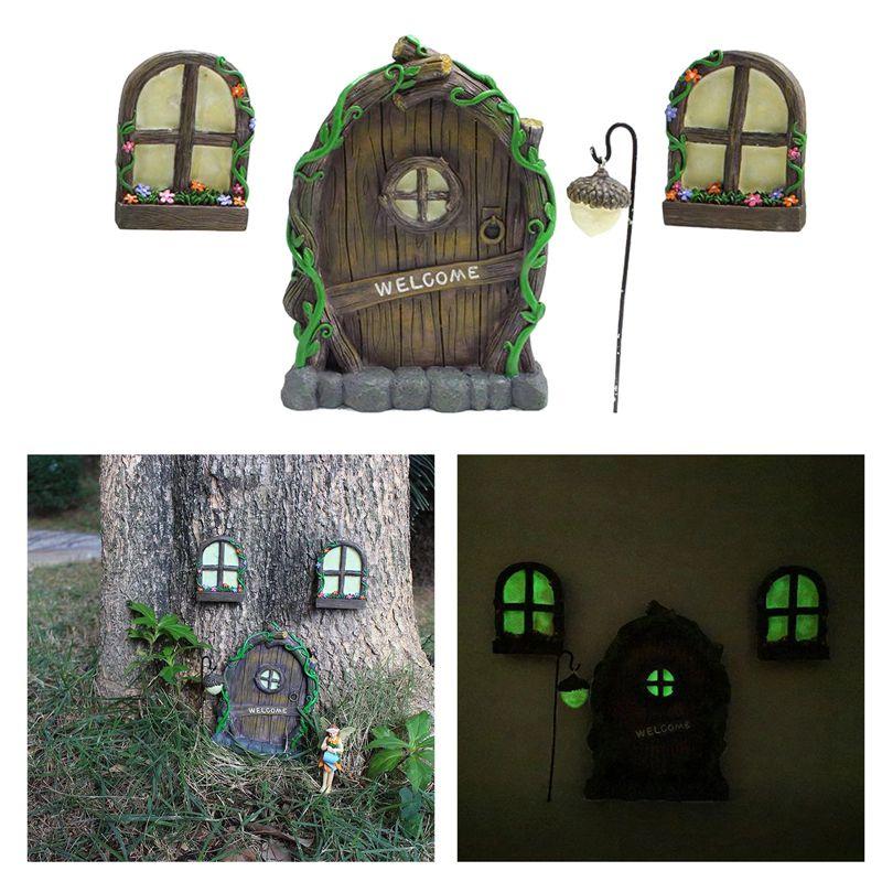 Fairy Miniature 4pcs Tree Door Window Door Glow Gnome Elf Home Sculpture Statues