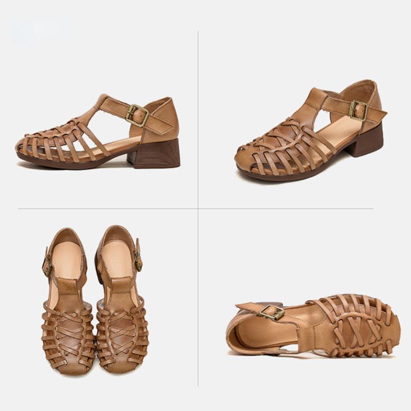 Johnature Sandales respirantes tricotées ajourées pour femmes, chaussures rétro en cuir véritable confortables à talons épais