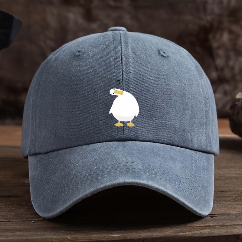 Cute duck print baseball cap with adjustable snap button, breathable fabric, outdoor casual headpiece