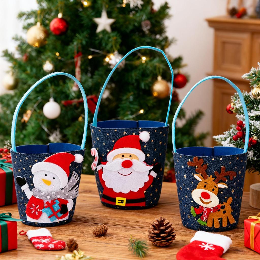 Christmas Candy Bags 3-Piece Denim Christmas Favor Bags With Handle Festive Party Favors Packaging Bucket For Cookie Snack