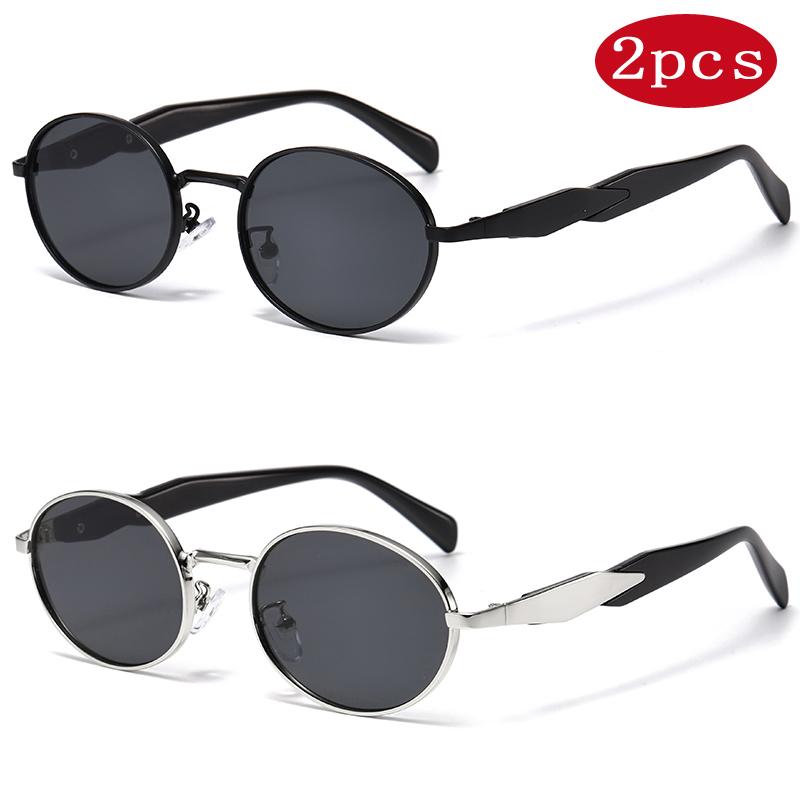 2pcs New Women Oval Sunglasses Casual Metal Sun Glasses Fashion Outdoor Retro Trend Street Eyewear High End Eyeglasses Uv400