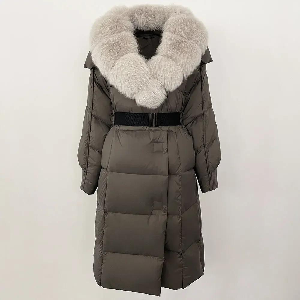 OFTBUY Winter Jacket Women Long Natural Real Raccoon Fox Fur Collar White Duck Down Coat Belt Thick Warm Casual Outerwear