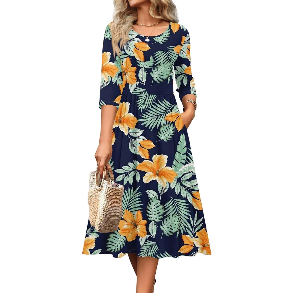 3/4-Ärmel Damenkleid Lässig Fließend A-Linie Midi T-Shirt Kleider mit Taschen Rundhalsausschnitt Urlaub Boho Strand Sommerkleid