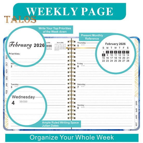 Planer 2025-2026 Lipiec 2025 - Czerwiec 2026 12-miesięczny dzienny tygodniowy miesięczny planer spiralny z nadrukiem kwiatowym do domu, biura, szkoły