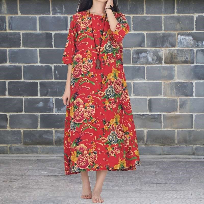 

Весенне-осеннее новое хлопково-льняное платье-пуловер с рукавом половинной длины No. 10 color All yards