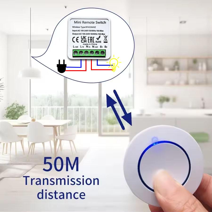 16A Smart DIY Mini Light Switch 433MHz Remote Control Switch Relay Receiver Module 2-Way Control Round Button Wall Panel 85~240V