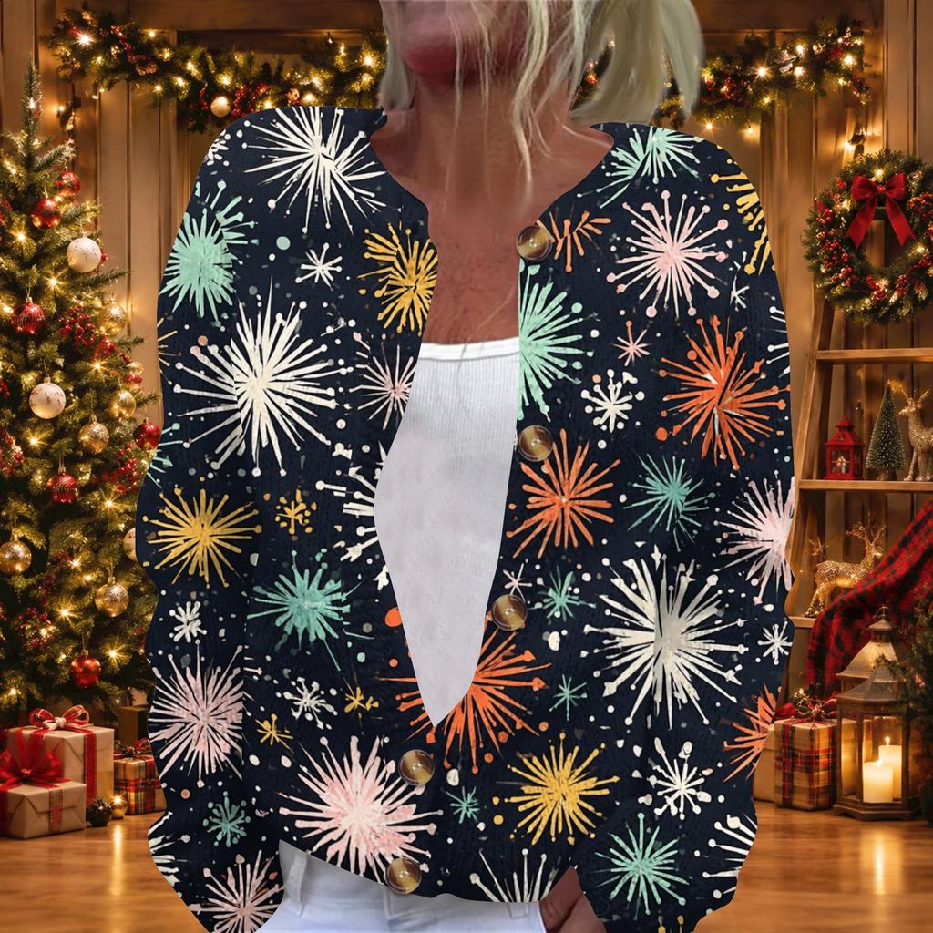 Women's Christmas Print Long Sleeve Knit Cardigan Button Front Sweater