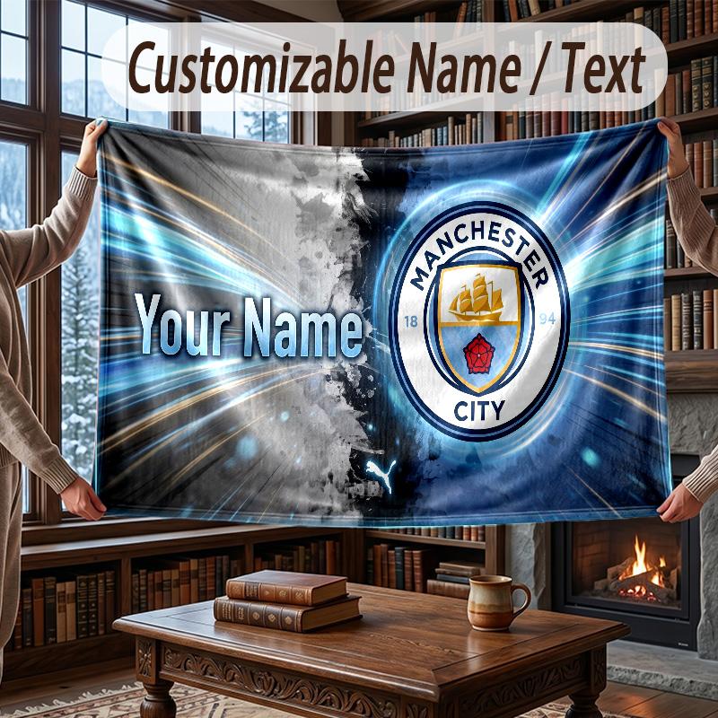 Custom Name Flannel Throw Blanket Manchester City Pattern Warm Home Decoration