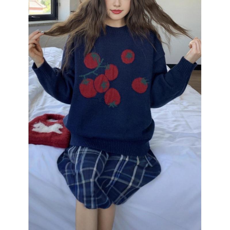 Gentle Tomato 2025 Jacquard Knit Sweater: Casual Loose Korean Style, Round Neck, Soft & Fluffy Autumn/Winter Top