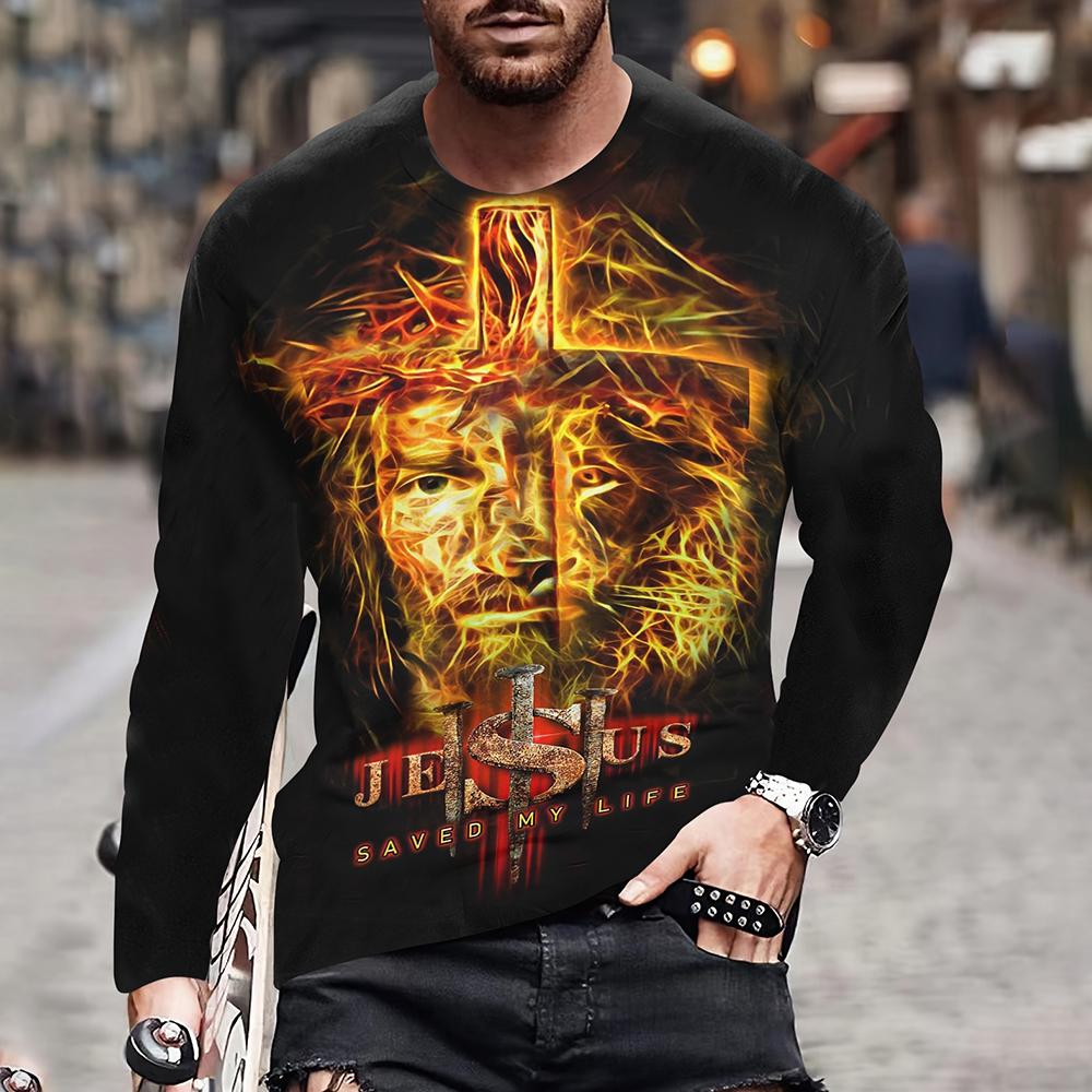 Fashion Jesus Cross Pattern T Shirt For Men 3D Lion Print Long Sleeve T-shirt Hip Hop Trend Vintage Clothes Oversized Cotton Top