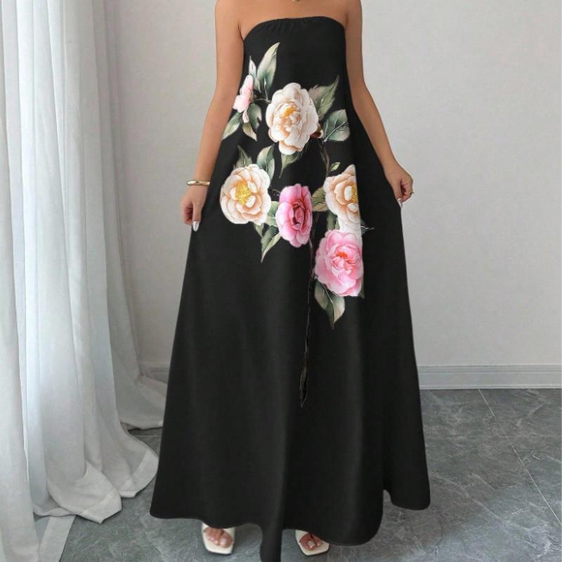 Women's Strapless Maxi Dress Floral Print High Waist A Line Elegant Evening Dress