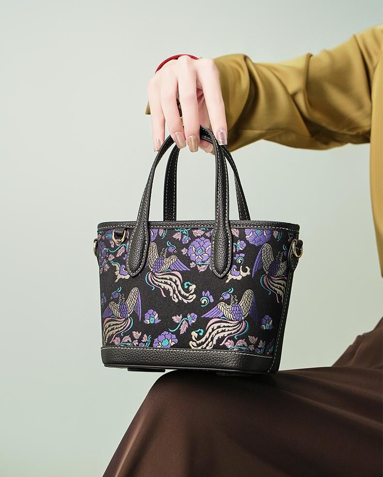Genuine Leather Handbag with Sichuan Brocade - Retro Chinese Style Crossbody Bag