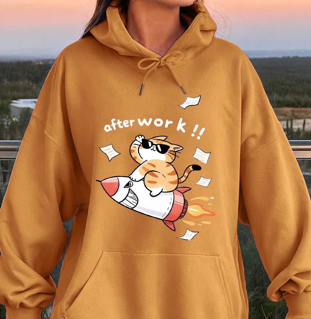 Creative After Work Rocket Cat Design Unisex Hoody Cartoons Creativity Clothing Warm  Soft Sportswear Crewneck  Basic Clothes