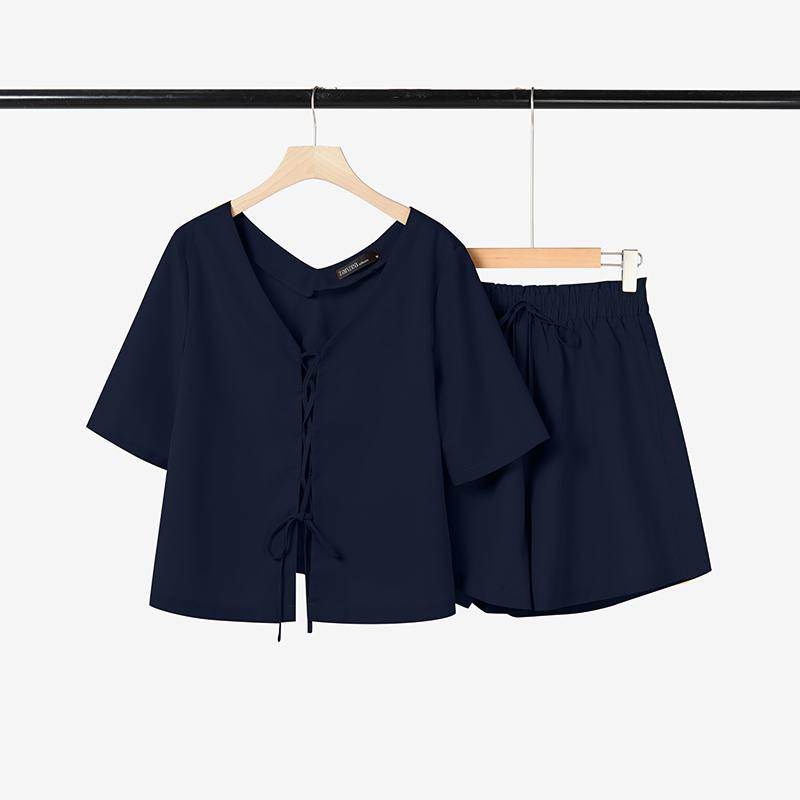 

ZANZEA Женский летний комплект из двух частей: блузка с коротким рукавом и шорты на шнуровке S темно-синий
