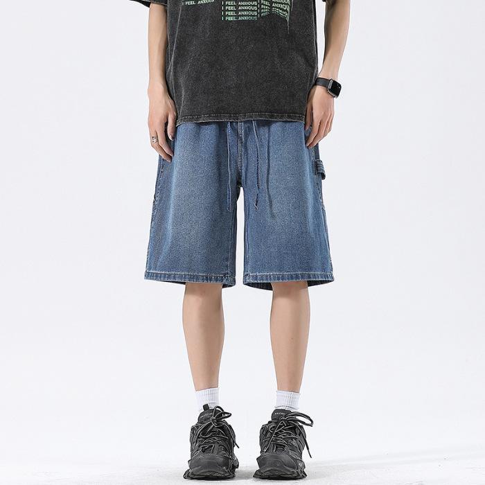 

New Summer Loose Straight High Street Denim Shorts Men s Elastic Wash 5-minute Medium Pants S