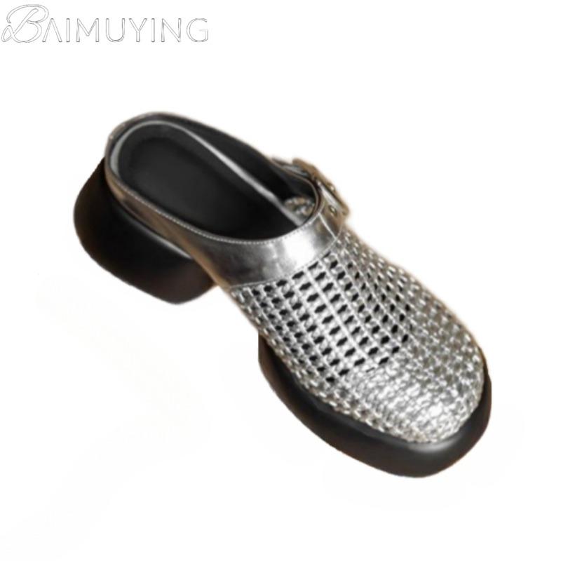 Mesh Platform High Heels Weave Women Slippers Hollow Sandals Mules Casual Shoes Woman 2025 Summer Fad Beach Loafers Slides Dress