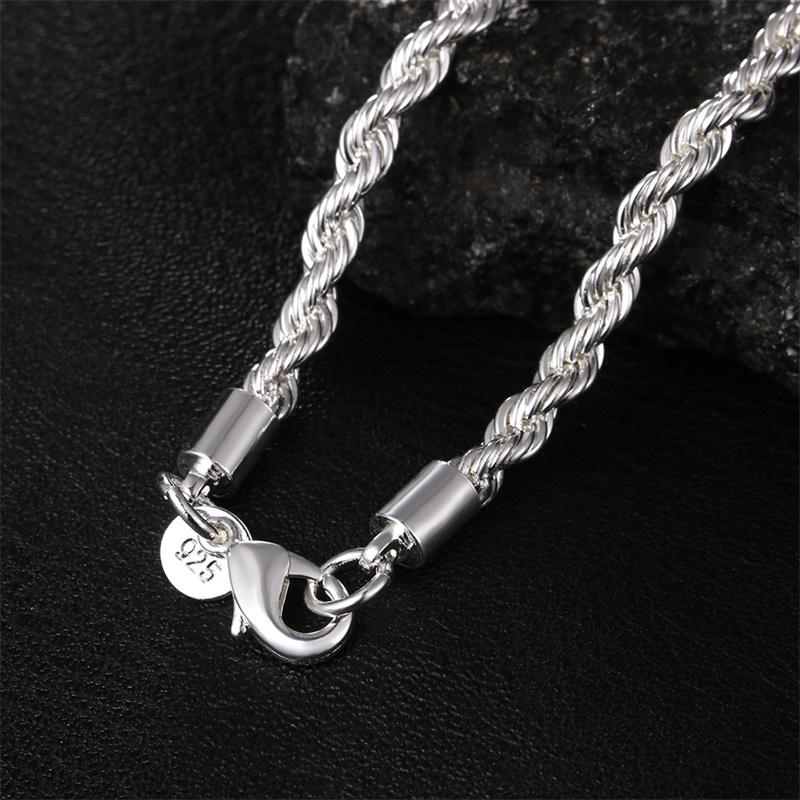 2ks 925 Sterling Silver náhrdelník náramek pro muže a ženy Jednoduchý hip-hop styl 4mm kroucené točené lano Iron Chain Lobste