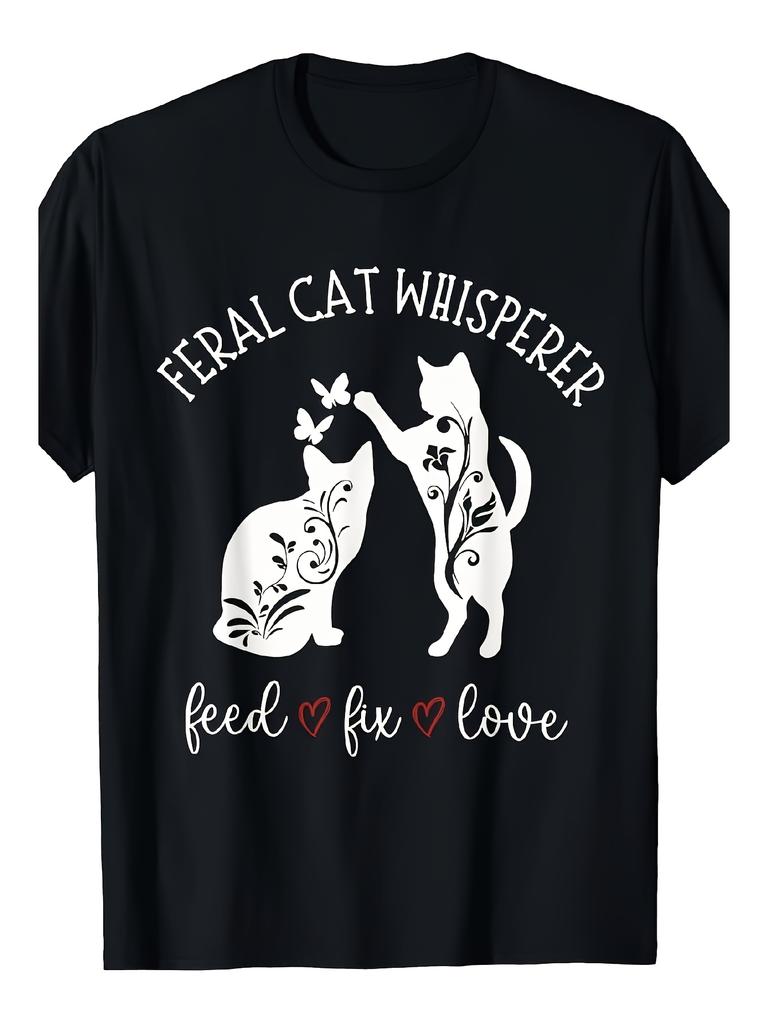 Men S & S Feral Cat Whisperer Feed Fix Love Graphic T Shirt Soft Breathable Retro Cat Lover Tee with Floral & Cat Design Casual Crew Neck Short Sleeve