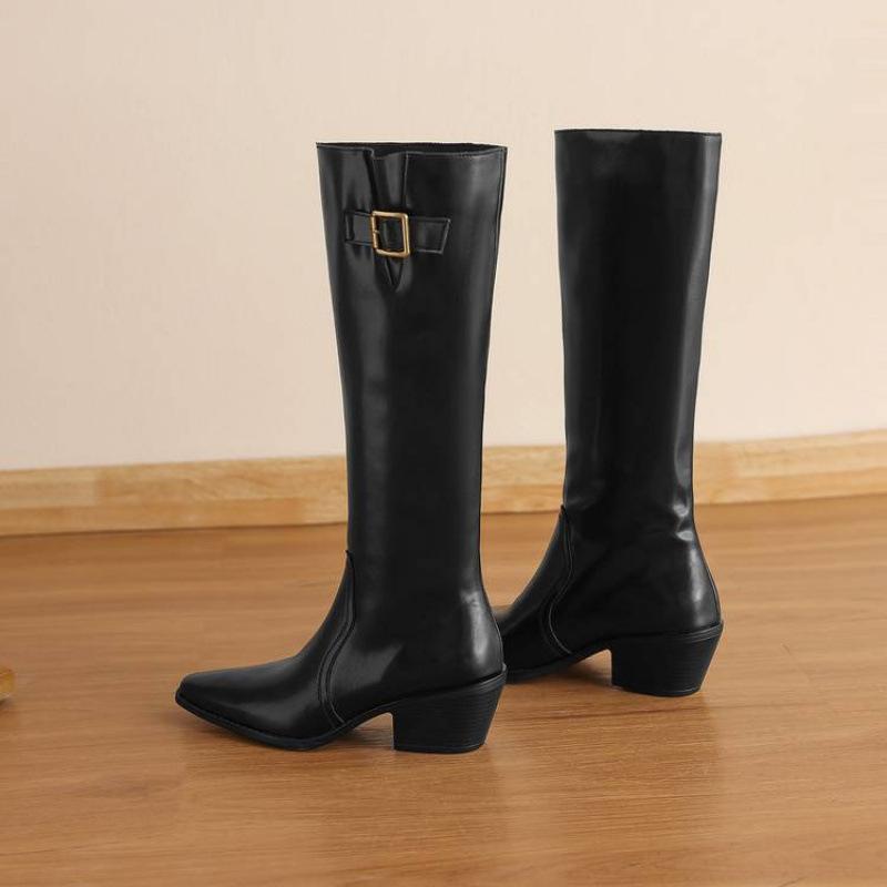 Autumn and winter women's leather boots leather large size women's boots medium heel round head versatile square heel rubber thick-soled sleeve hig