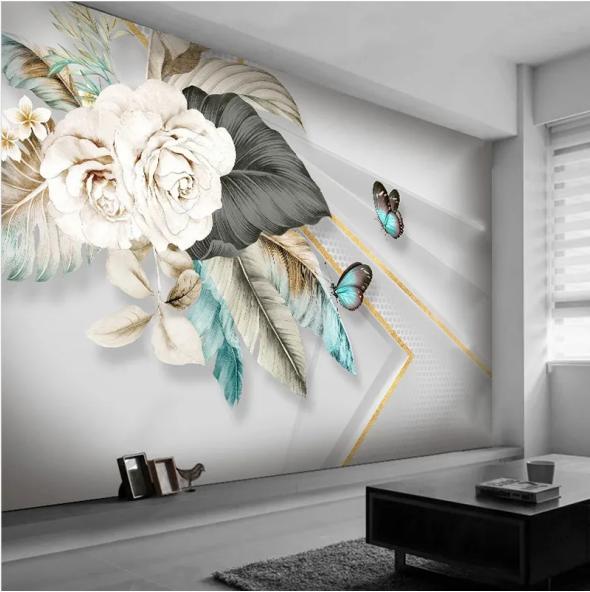 Modern Wallpaper Home Decor Wall Stickers 3D Hand-painted Flowers Butterfly Wall Paper Geometric Mural