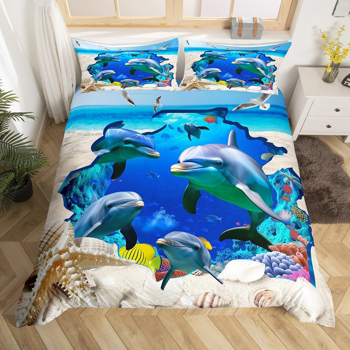 

Comforter Cartoon Dolphin Twin King Cute Ocean Animal Bedding Set For Boys Girls Room Decor Jumping Dolphins Comforter Comforter (quilt)-EU Single(135*200cm)3pcs