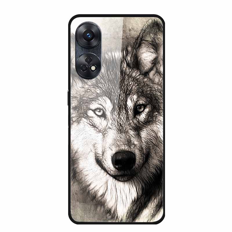 For Oppo Reno8 T 4G Case Luxury Tempered Glass Back Cover Hard Case For Reno8 T 4G 6.43" Capa Funda Animal Vividly Coque Wolf