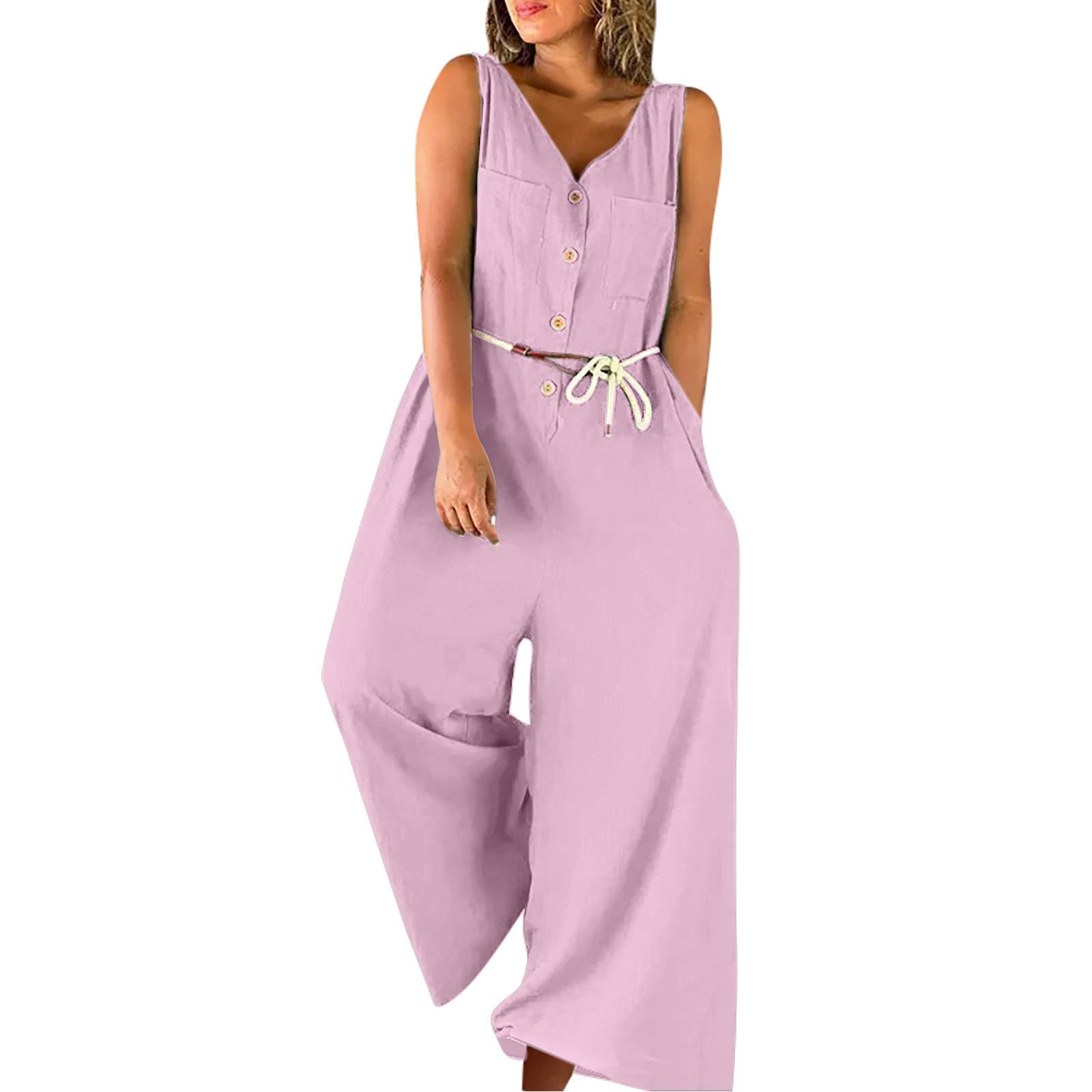 

(Куниде) Женский комбинезон без рукавов на пуговицах спереди, широкий комбинезон без рукавов, свободный однотонный удобный мешковатый комбинезон на пуговицах с карманами и поясом