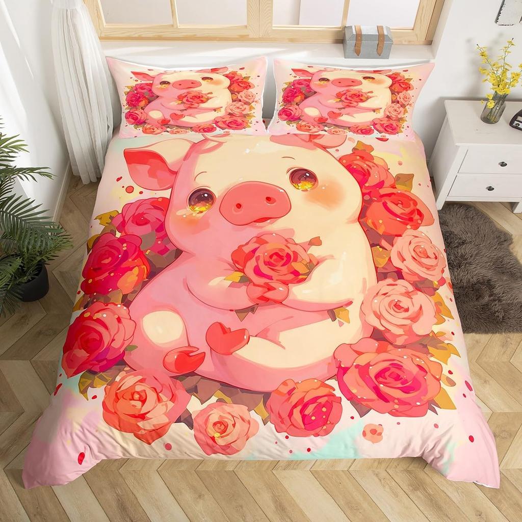 Adorable Lovely Couple Pig Soft Duvet Cover Twin King, Roses Daisy Floral Valentine's Romantic Beding Set,Carton Animal Rustic Warm Comforter Cover