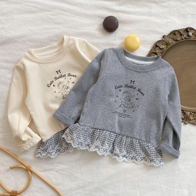 Mädchen Langarm T-Shirt mit Spitzensaum - 2025 Frühling & Herbst Koreanische Mode