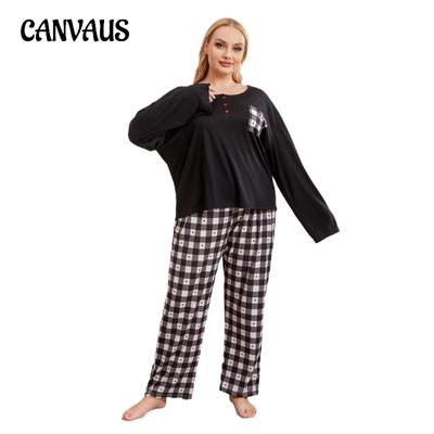 Pijama Feminina Primavera Outono e Inverno Manga Comprida Xadrez Plus Size Senhoras Conjunto Homewear