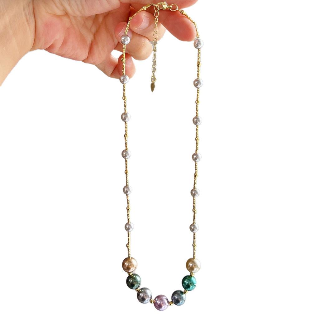Maillard Style Peacock Green Vintage Blend Faux Crystal Pearl Necklace Collarbone Chain Sweater Chain
