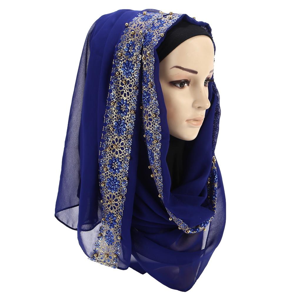 Chal de Gasa con Encaje para Mujer, Hijab Musulmán Bordado Elegante, Pañuelo para la Cabeza de Moda Modesta