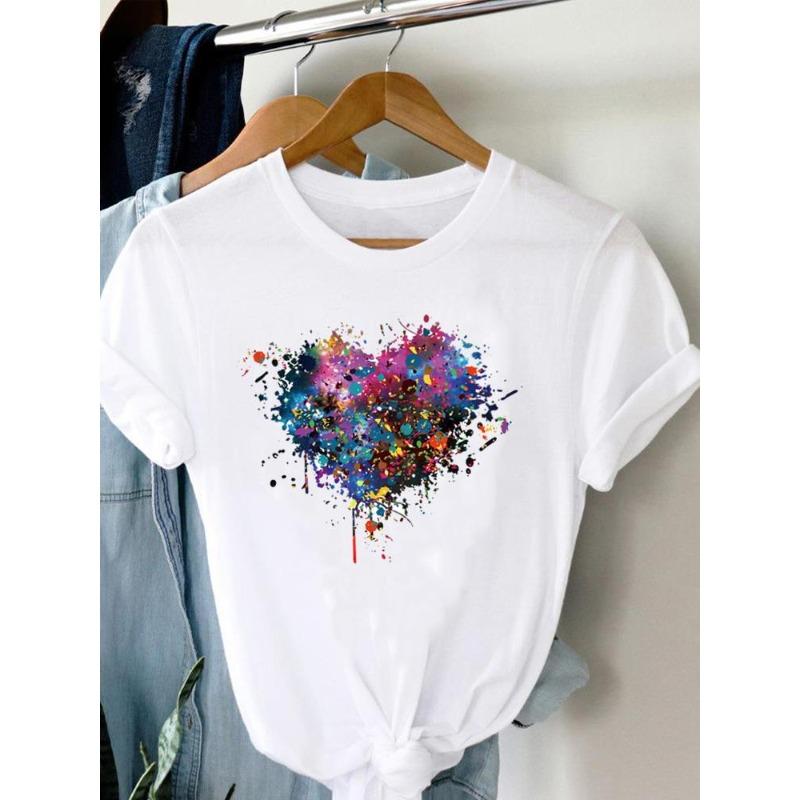 (European Size)90s Women Flower Watercolor Lovely Trend Short Sleeve Fashion Print Lady Tee Top Clothing Casual Tshirt Female Graphic T-shirts