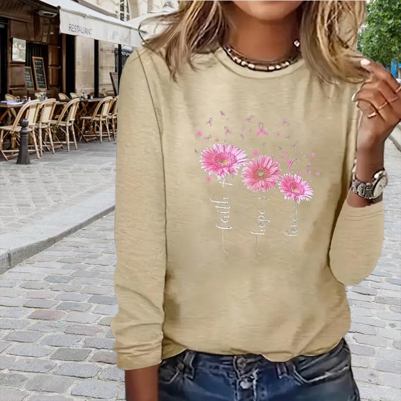 Tops For Women Pink Flowers Print Round Neck Long Sleeve T-shirt Fall Casual Slim Pullover Women's Long Sleeve Top