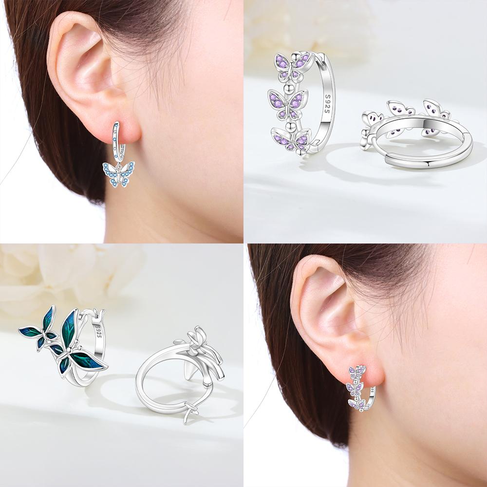 925 Silver Purple Butterfly Earrings Blue Zircon Bowknot Pendants Earrings Women Accessory Gift Valentines Jewelry