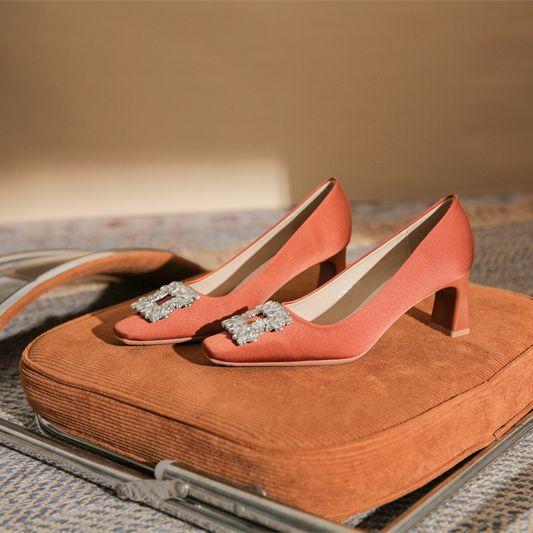 - Classic Satin Rhinestone Square Head Thick Heel High Heels Women's Fashion Simple CMCM