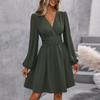 Women's Fashionable Color V Neck Long Sleeved Pleated Versatile Dress