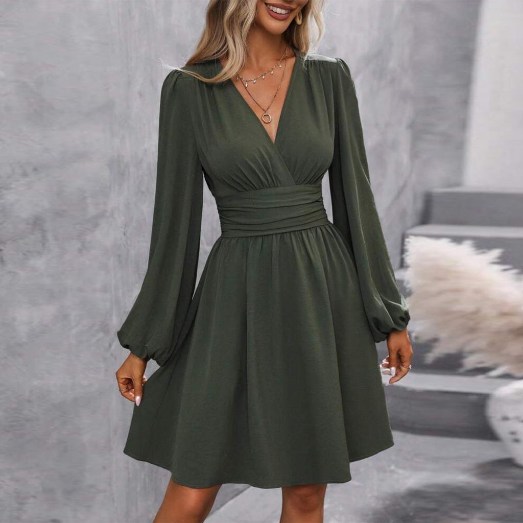 Women's Fashionable Color V Neck Long Sleeved Pleated Versatile Dress