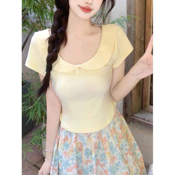 Sweet wind doll collar fashion short-sleeved t-shirt women s 2026 summer new slim and thin beautiful small top beautiful S