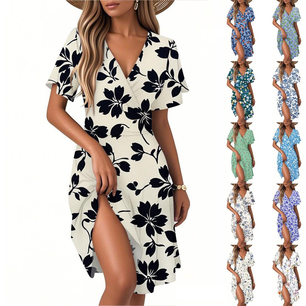 Damen Sommer Mode Blumenmuster Kleid Lässig Strand A-Linie V-Ausschnitt Lockeres Sommerkleid