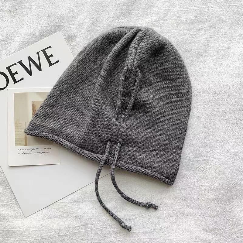 

Pile hat female autumn and winter show face small bag head cold hat big head circumference ear protector drawstring crimped knitted wool hat One Size