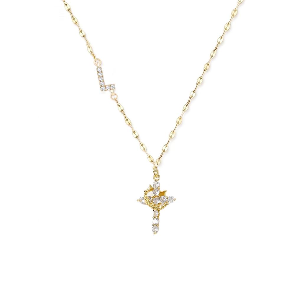 Full Diamond Rotatable Crown Cross with 26 Letter Copper Gold Plated Jewelry Accessory Necklace