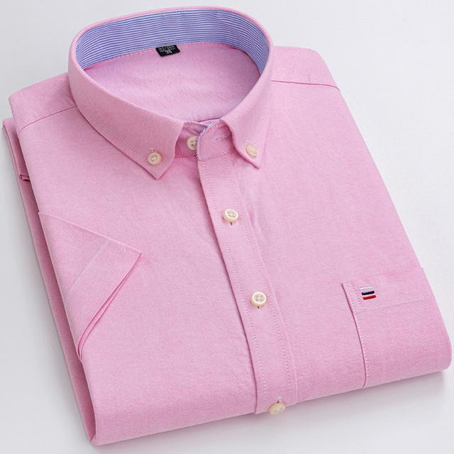 

Men s Oxford Short Sleeve Square Collar Soild Plaid Striped Summer Casual Shirts Single Pocket Comfortable Cotton Shirt 47