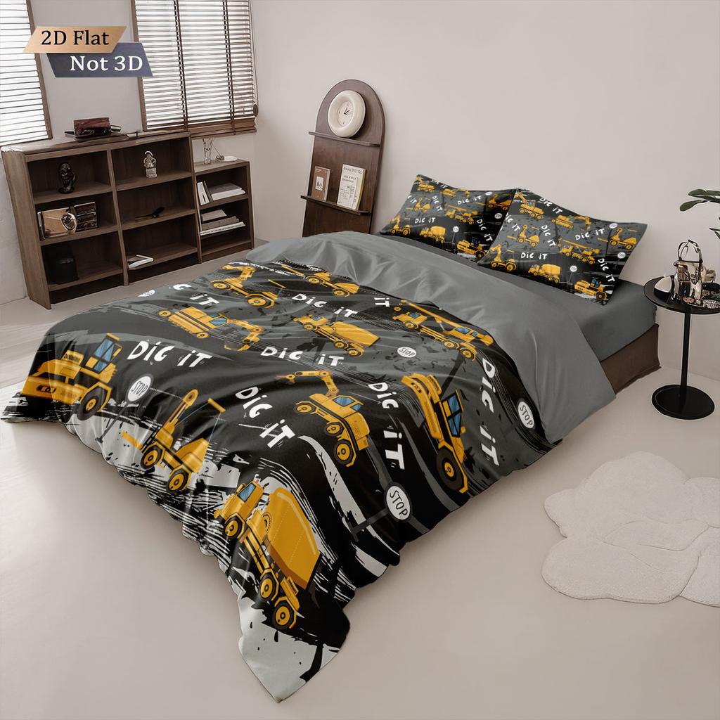 3-teiliges Cartoon-Spielzeug-Bagger-Aufdruck-Daunendeckenbezug-Set, Mehrgrößen-Schlafzimmer-Bettwäsche-Dekoration, Maschinenwaschbar