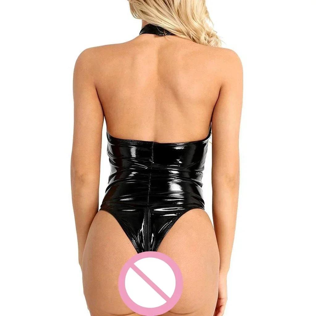 Slim Fit PU Leather Backless Zipper Crotchless Bodysuit for Women Sexy Underwear Lingerie Playsuit Costumes Catsuit